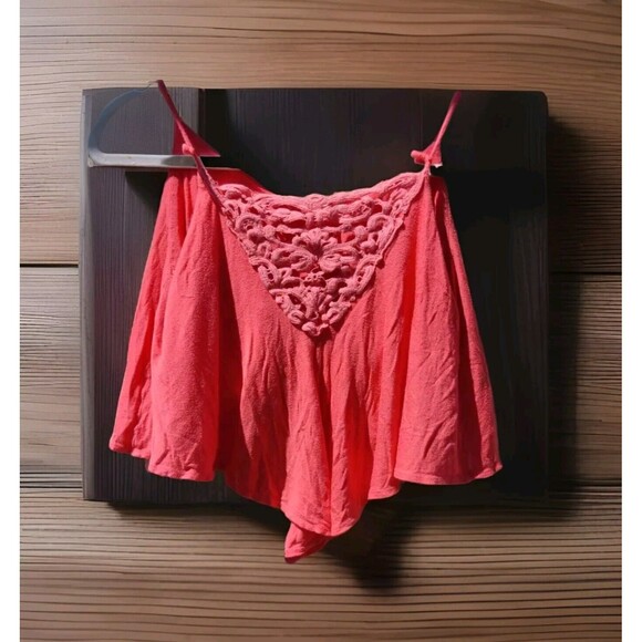 Monteau Womens Cropped Tank Spaghetti Strap Top Lace Detail Coral Medium M Top - Picture 1 of 10